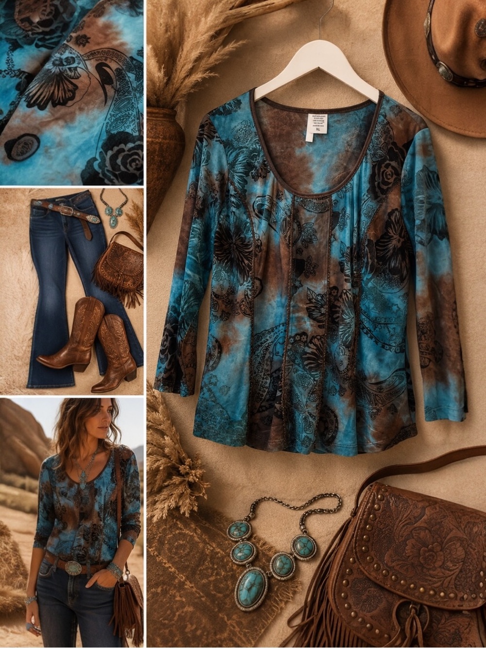 Saint Tropez West XL Blue Brown Paisley Floral Mesh Top Stretch Boho Y2K